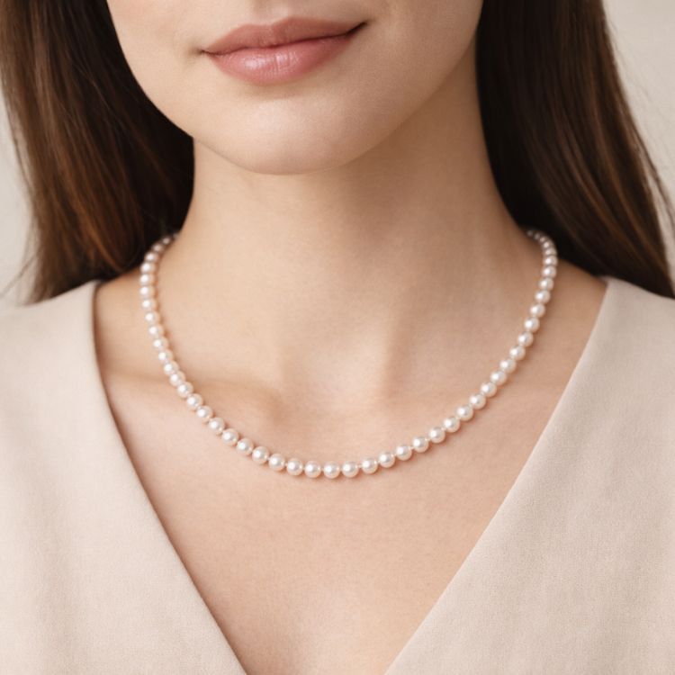 Mujer usando collar de perla blanca delicado