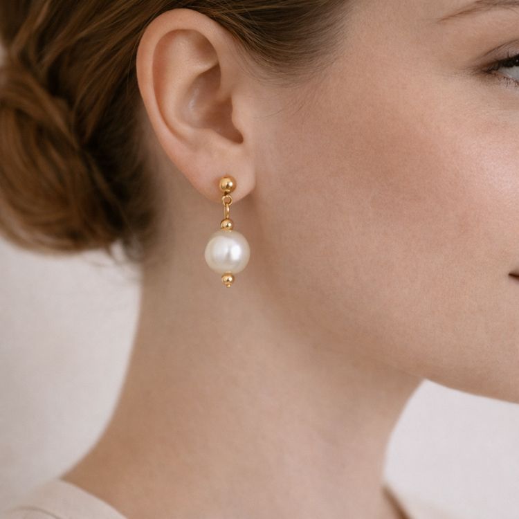 Perfil mostrando aretes de perla blanca grandes