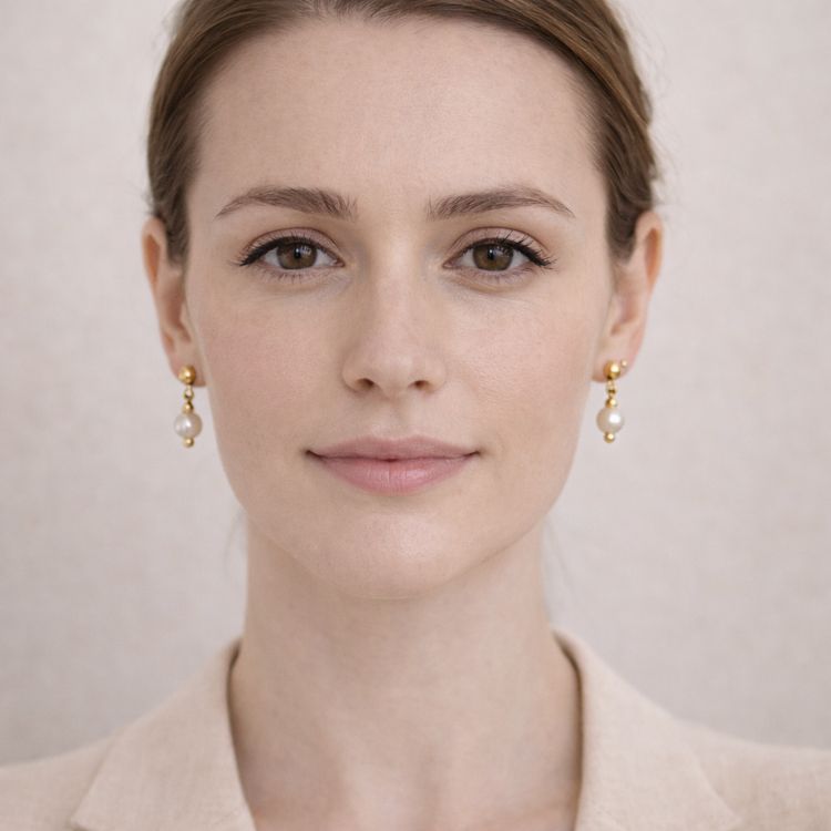 Mujer usando aretes de perla blanca delicados