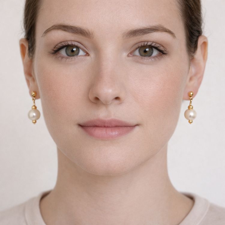 Mujer usando aretes de perla blanca clásicos
