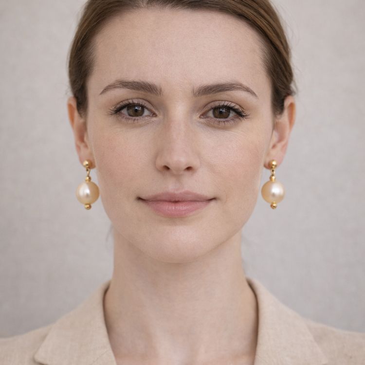 Mujer usando aretes de perla crema protagonistas