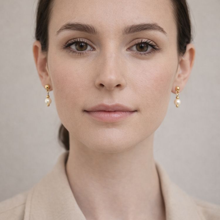 Mujer usando aretes de perla crema delicados