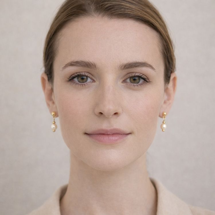 Mujer usando aretes de perla crema elegantes