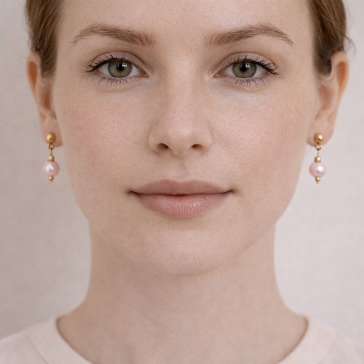 Mujer usando aretes de perla rosa pastel delicados