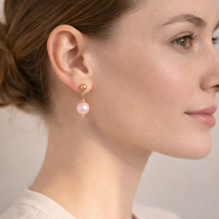 Perfil mostrando aretes de perla rosa pastel equilibrados