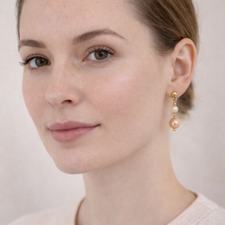 Perfil mostrando aretes de perlas café y crema