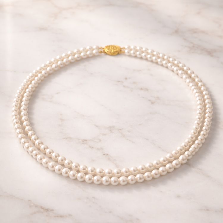 Collar doble de perla blanca fino sobre mármol