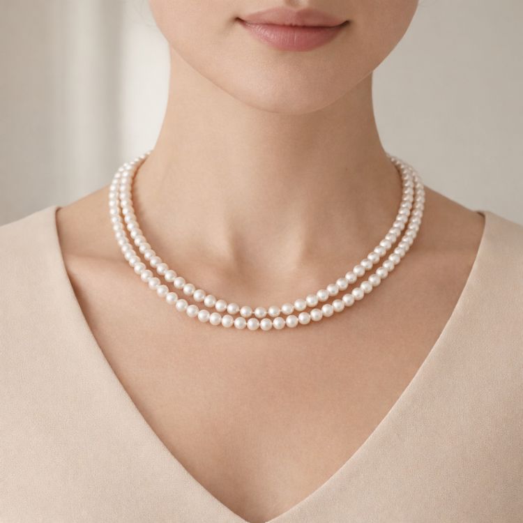 Mujer usando collar doble de perla blanca delicado