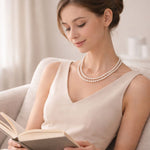 Mujer sentada con collar doble de perla blanca ligero