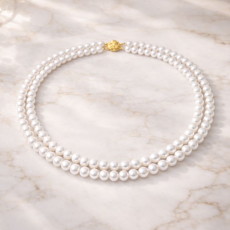 Collar doble de perla blanca sobre mármol