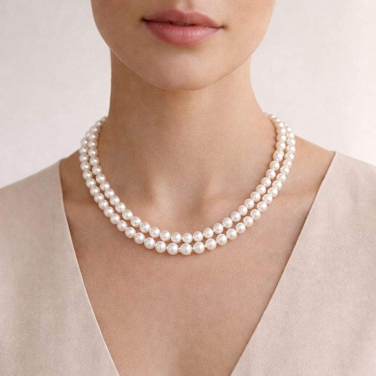 Mujer usando collar doble de perla blanca elegante
