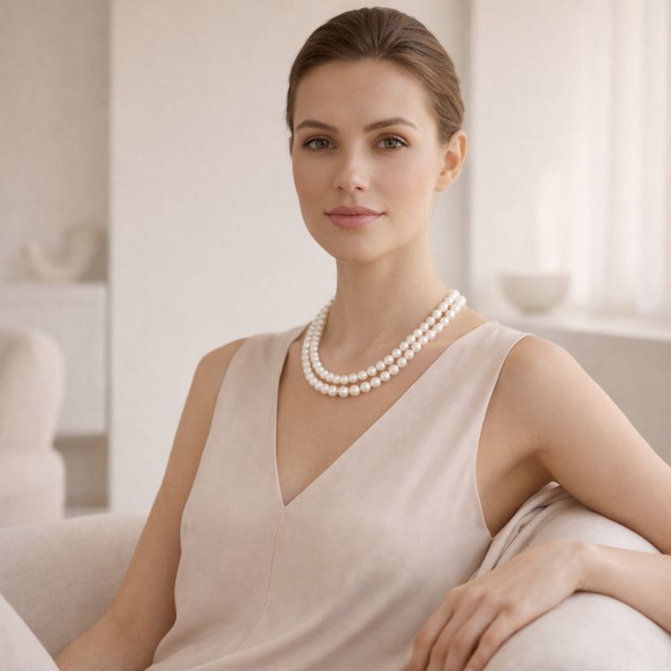 Mujer sentada con collar doble de perla blanca clásico