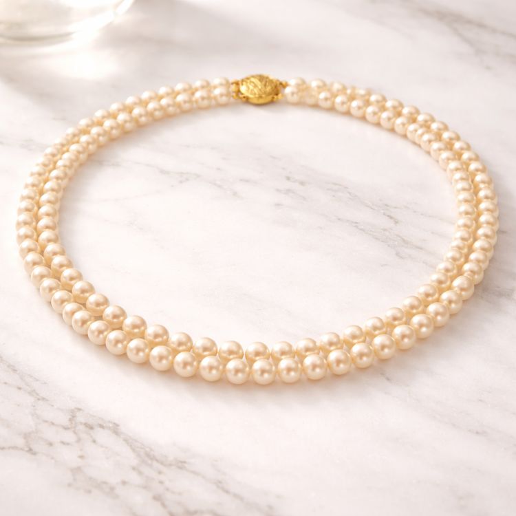 Collar doble de perla crema fino sobre mármol