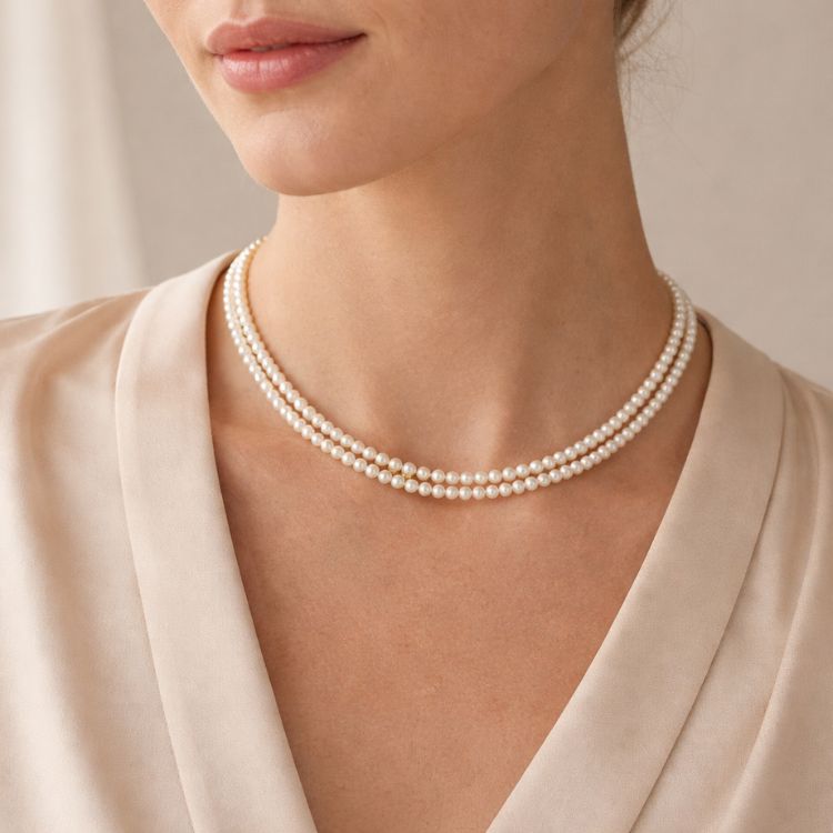 Mujer usando collar doble de perla crema delicado