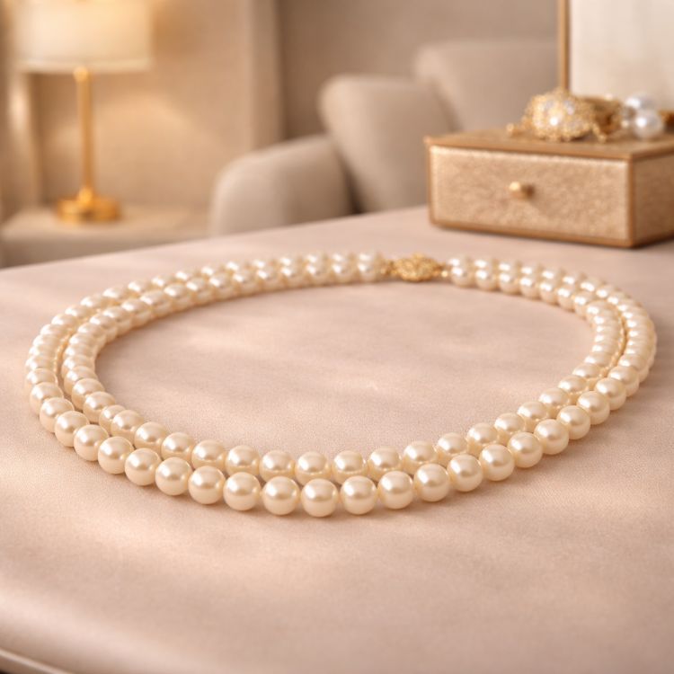 Collar doble de perla crema en composición elegante