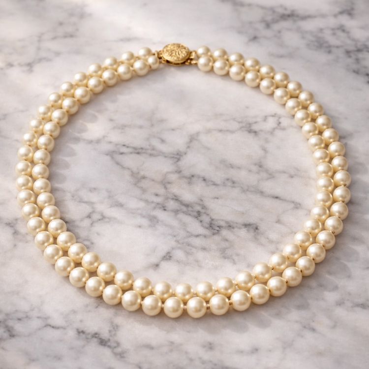 Collar doble de perla crema sobre mármol elegante