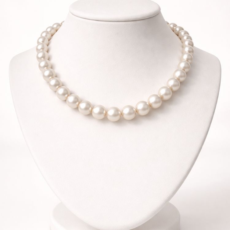 Collar de perla blanca 12 mm en cuello exhibidor