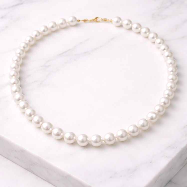 Collar de perla blanca grande sobre mármol
