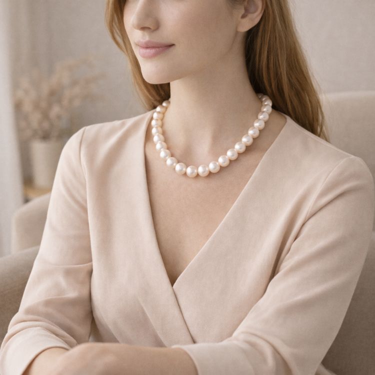 Mujer sentada con collar de perla blanca llamativo