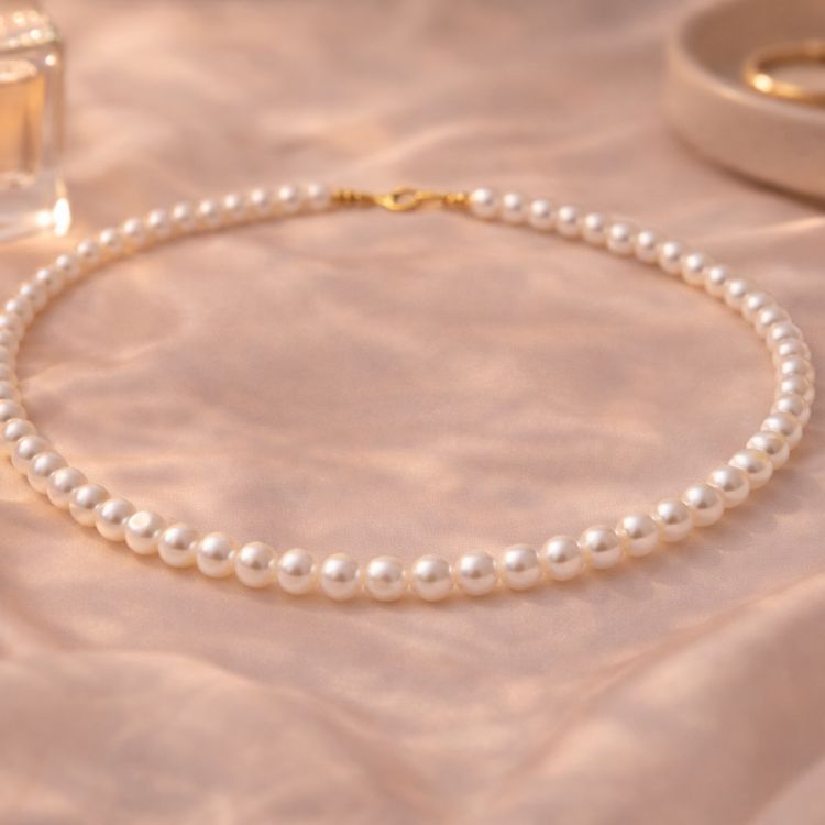 Collar de perla blanca pequeño en composición minimalista