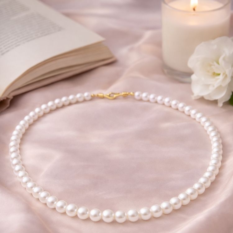 Collar de perla blanca en flat lay elegante