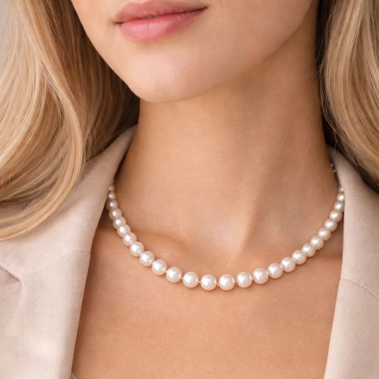 Mujer usando collar de perla blanca clásico