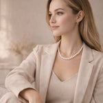 Mujer sentada con collar de perla blanca elegante