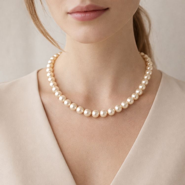 Mujer usando collar de perla crema protagonista