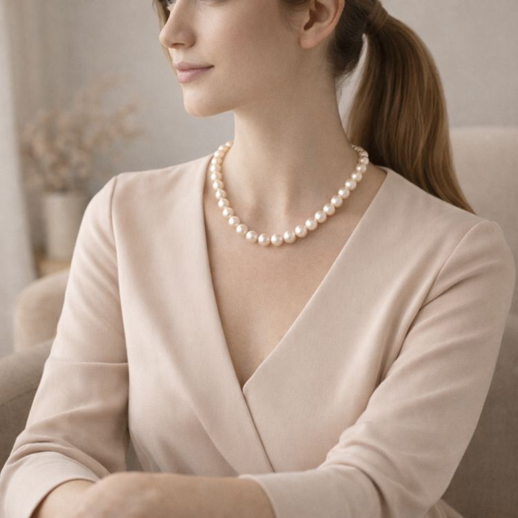 Mujer sentada con collar de perla crema sofisticado