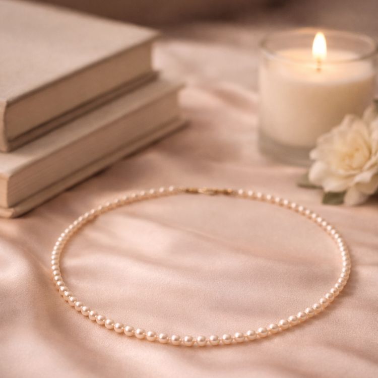 Collar de perla crema en composición minimalista