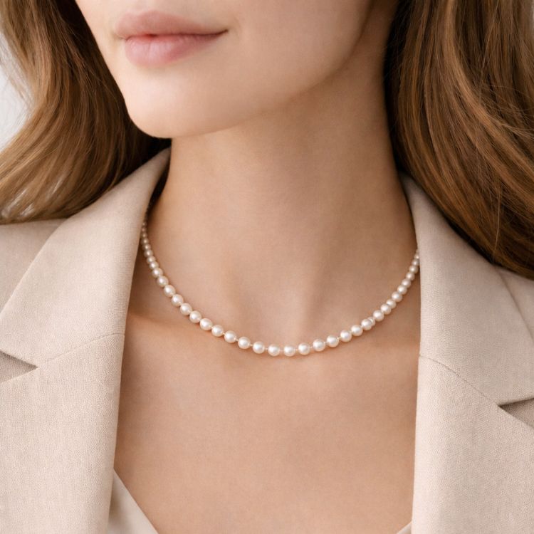 Mujer usando collar de perla crema delicado