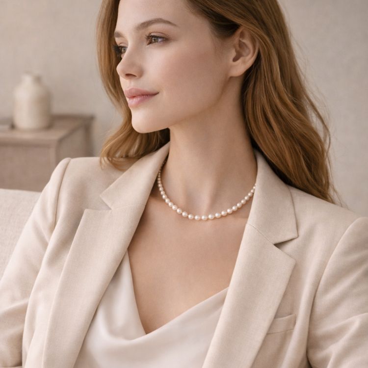 Mujer sentada con collar de perla crema discreto