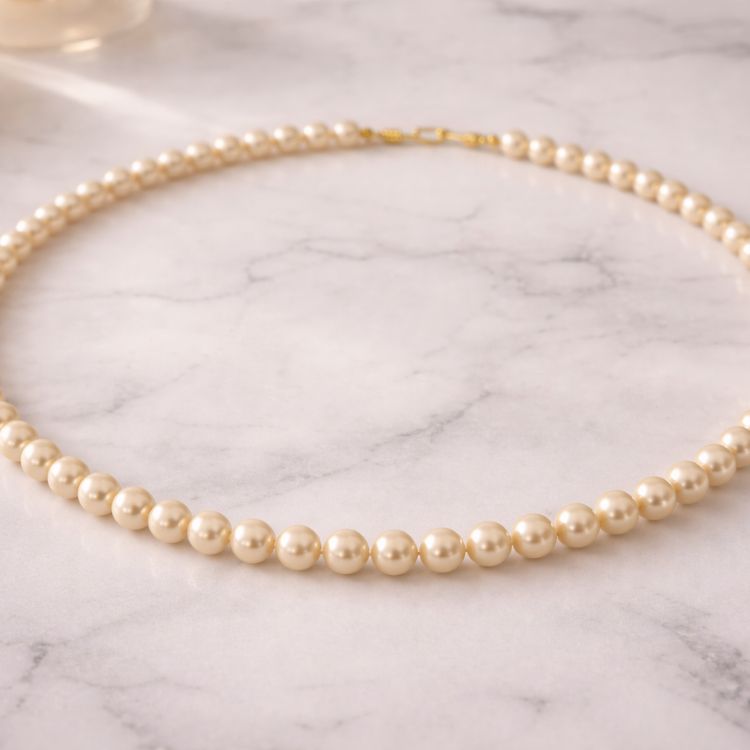 Collar de perla crema sobre superficie de mármol