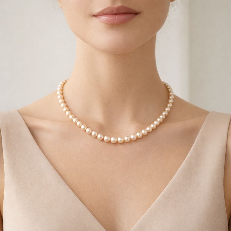Mujer usando collar de perla crema clásico