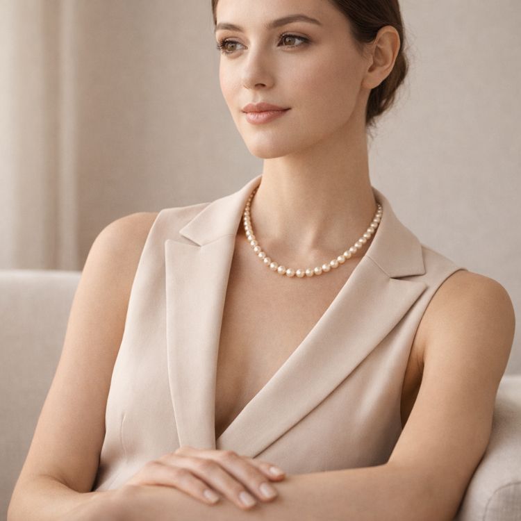 Mujer sentada con collar de perla crema elegante