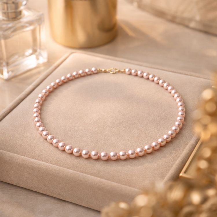 Collar de perla rosa pastel en composición estética