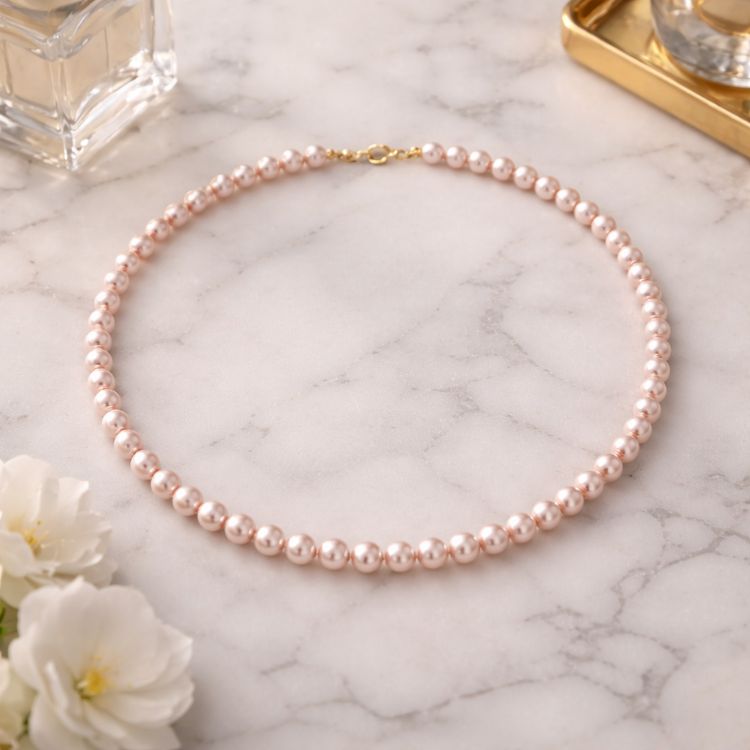 Collar de perla rosa pastel pequeño sobre mármol