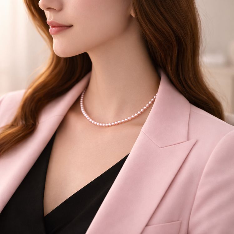 Caída suave del collar de perla rosa pastel fino