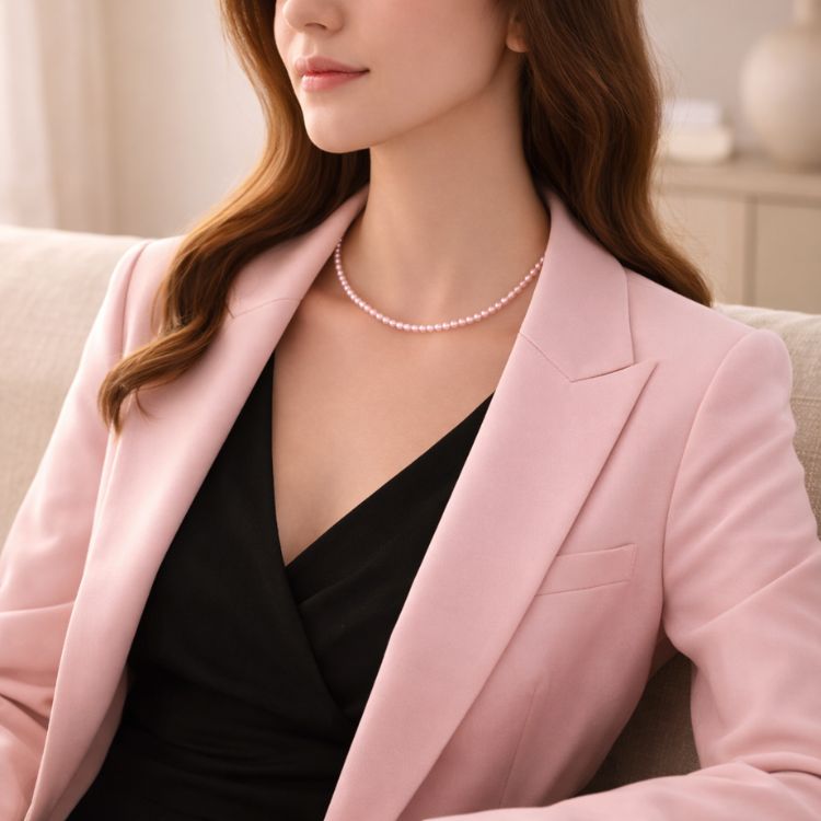 Mujer sentada con collar de perla rosa pastel femenino