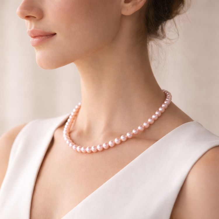 Perfil mostrando collar de perla rosa pastel equilibrado