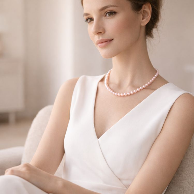 Mujer sentada con collar de perla rosa pastel suave