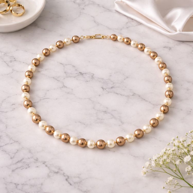 Collar de perlas café crema sobre mármol
