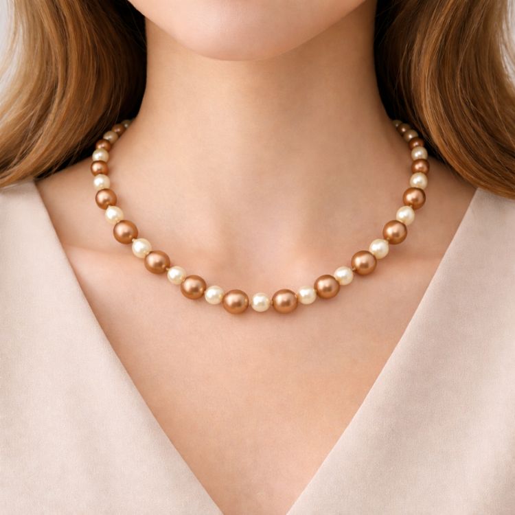 Mujer usando collar de perlas en tonos cálidos
