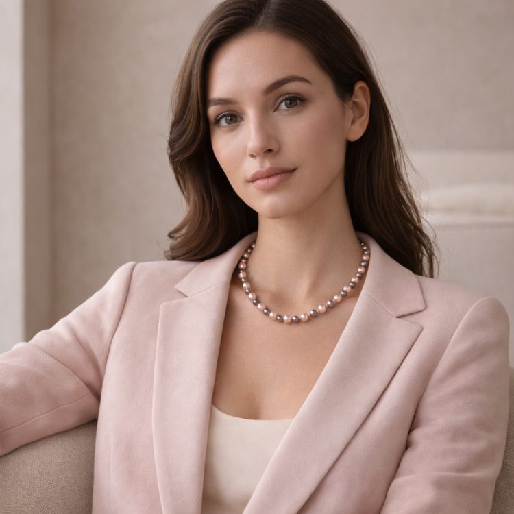 Mujer usando collar de perlas bicolor elegante