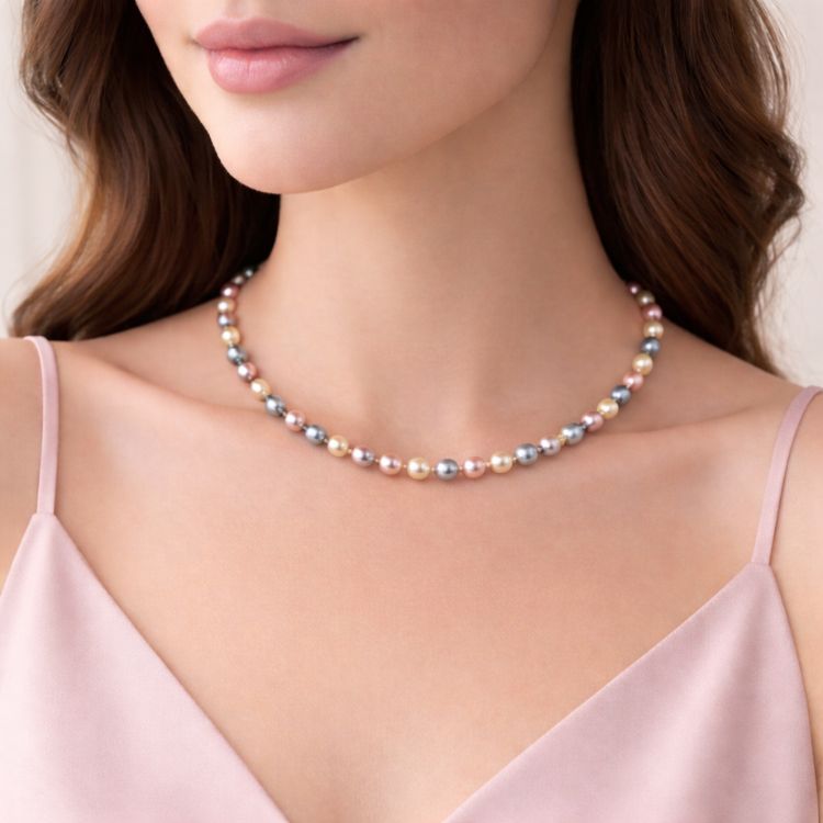 Mujer usando collar de perlas rosa gris y crema