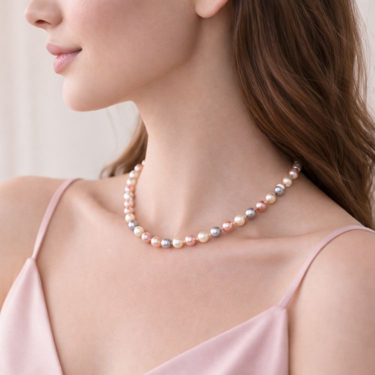 Caída ligera del collar de perlas tricolor fino