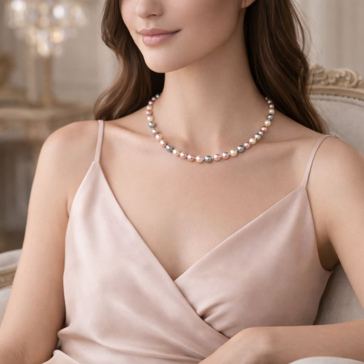 Mujer sentada con collar de perlas delicado de colores