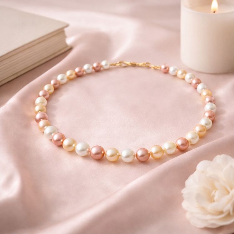 Collar de perlas tricolor en flat lay elegante