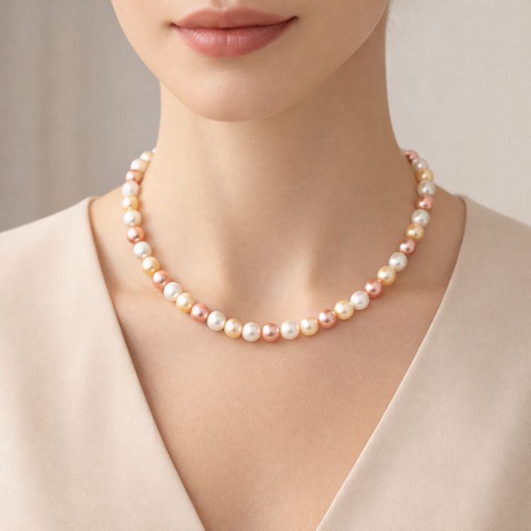 Mujer usando collar de perlas tricolor equilibrado