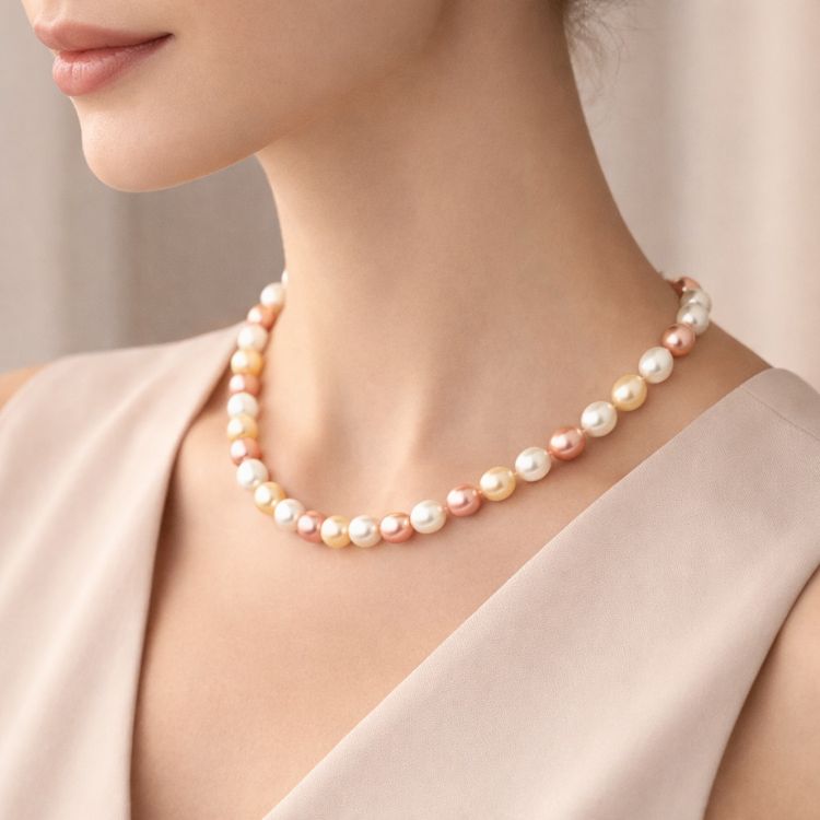 Caída del collar de perlas en tonos blanco crema y rosa